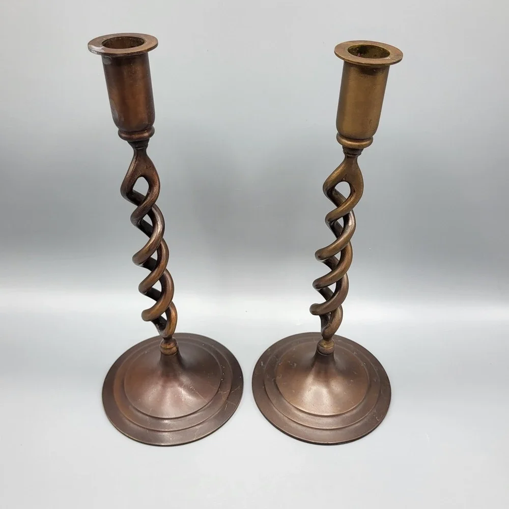 Vintage Open Barley Twist Candlesticks Set of 2 Brass Brown 11